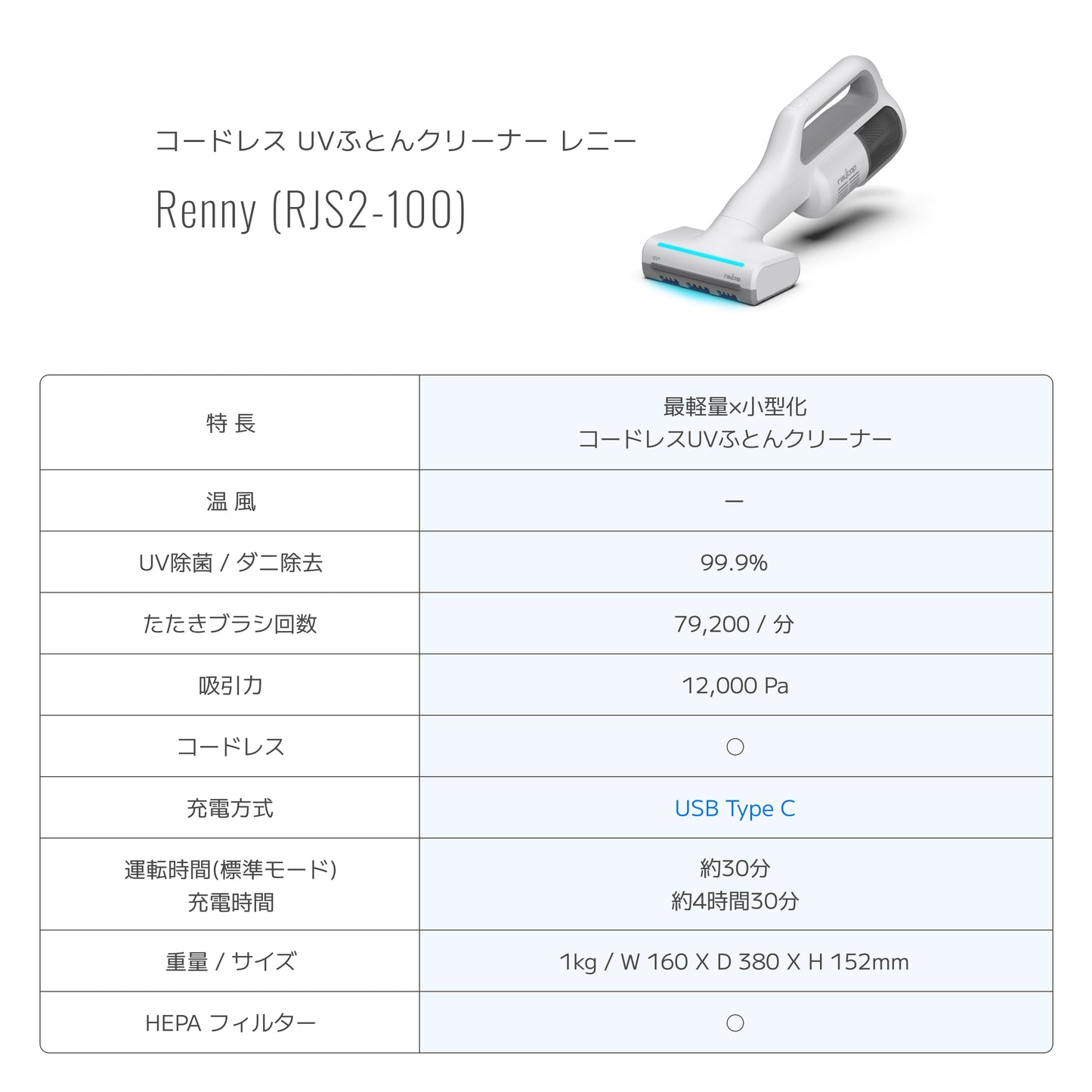 レイコップコードレスUVふとんクリーナー　Renny RJS2-100JPWH